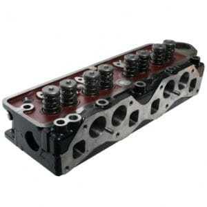 An image of a Racetorations Race 'High Port' Cylinder Head, with visible valves and springs, isolated on a white background. The component is primarily black and metallic.